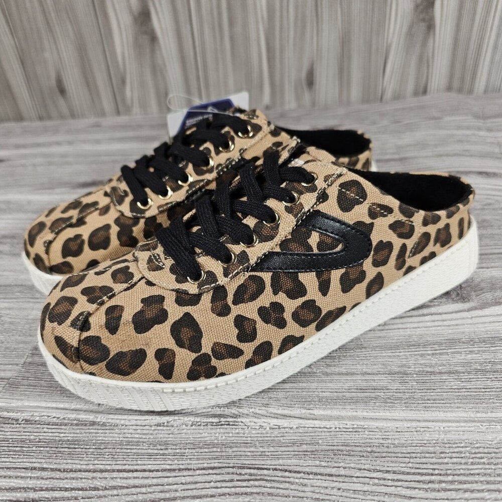 Tretorn Easy Nylite Canvas Sneaker Slip On Shoes Brown/Leopard Women's Size 7.5